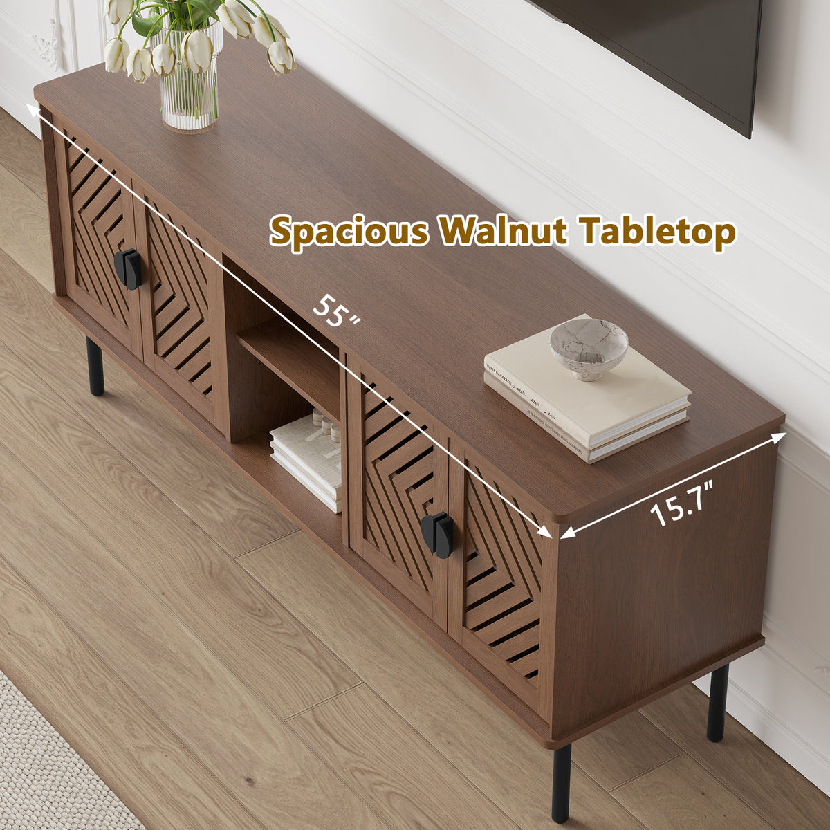 HLR Mid Century Modern 55" TV Stand for 65 Inch TV, Entertainment Center with Storage, Brown