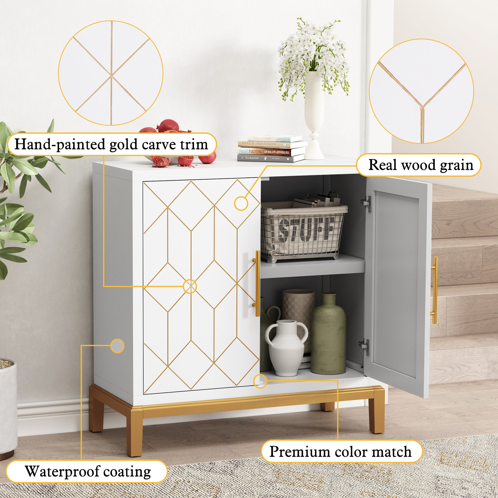 HLR 30.7" White Accent Cabinet with 2 Doors, Entryway Cabinet with Gold Trim, Modern Buffet Sideboards