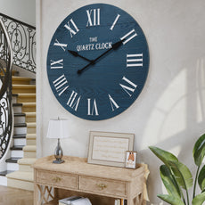 CBJCBJ 35.5” Farmhouse Large Shiplap Round Wall Clock with Roman Numeral for Living Room Decor, Blue