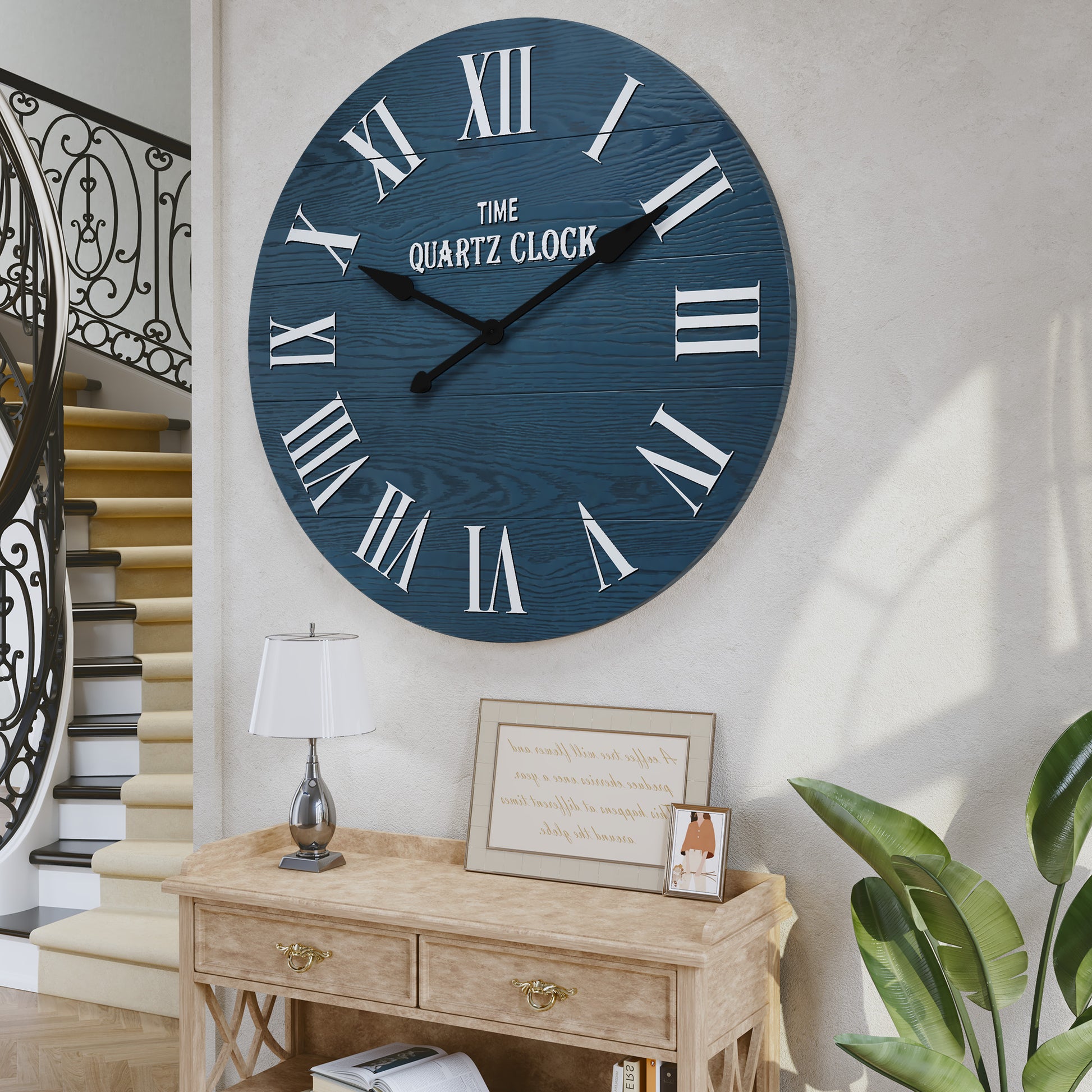 CBJCBJ 35.5” Farmhouse Large Shiplap Round Wall Clock with Roman Numeral for Living Room Decor, Blue