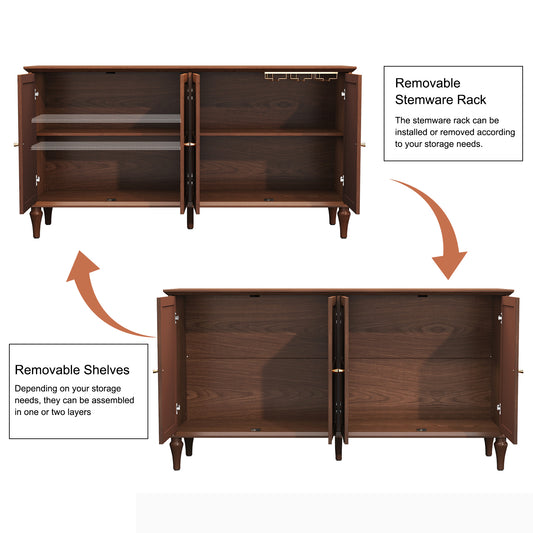 CBJCBJ Mid-Century 58'' Wood 4 Door Sideboard Buffet Cabinet for Living Dining & Bedroom (Brown)