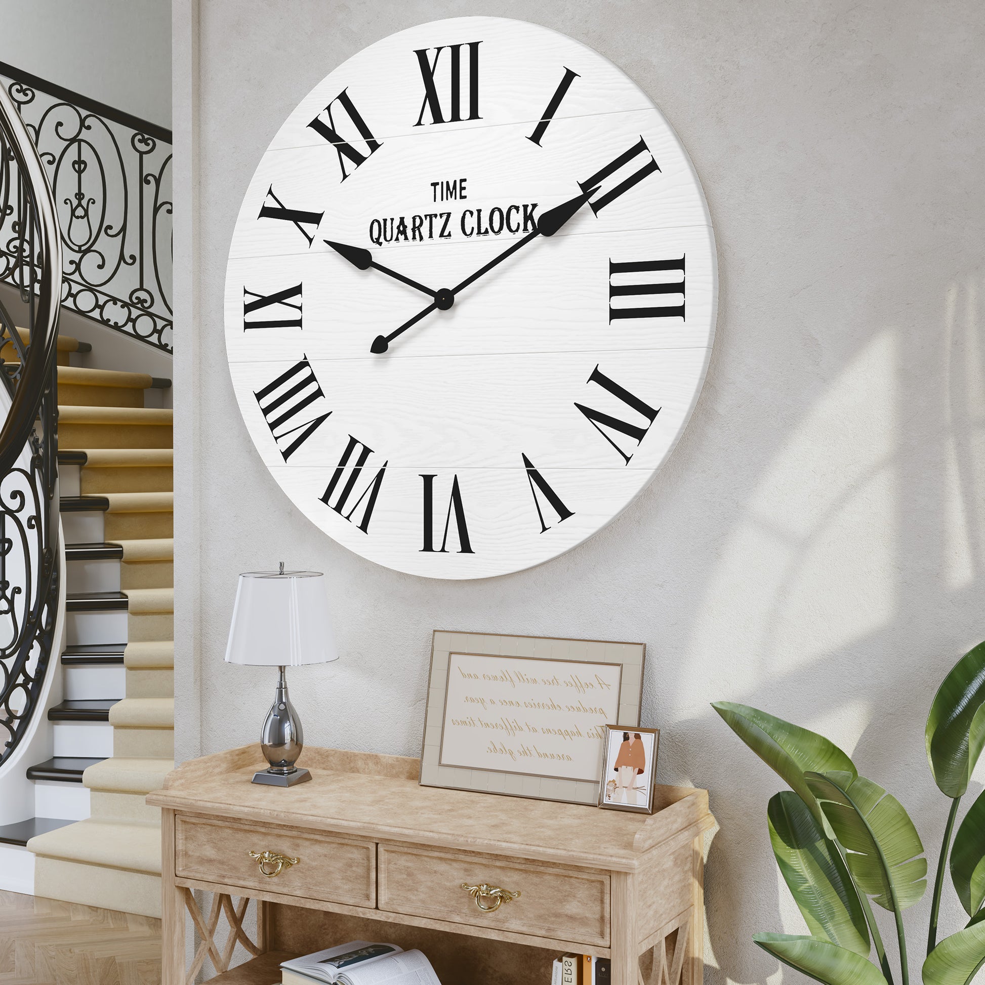 CBJCBJ 35.5” Farmhouse Large Shiplap Round Wall Clock with Roman Numeral for Living Room Decor,White
