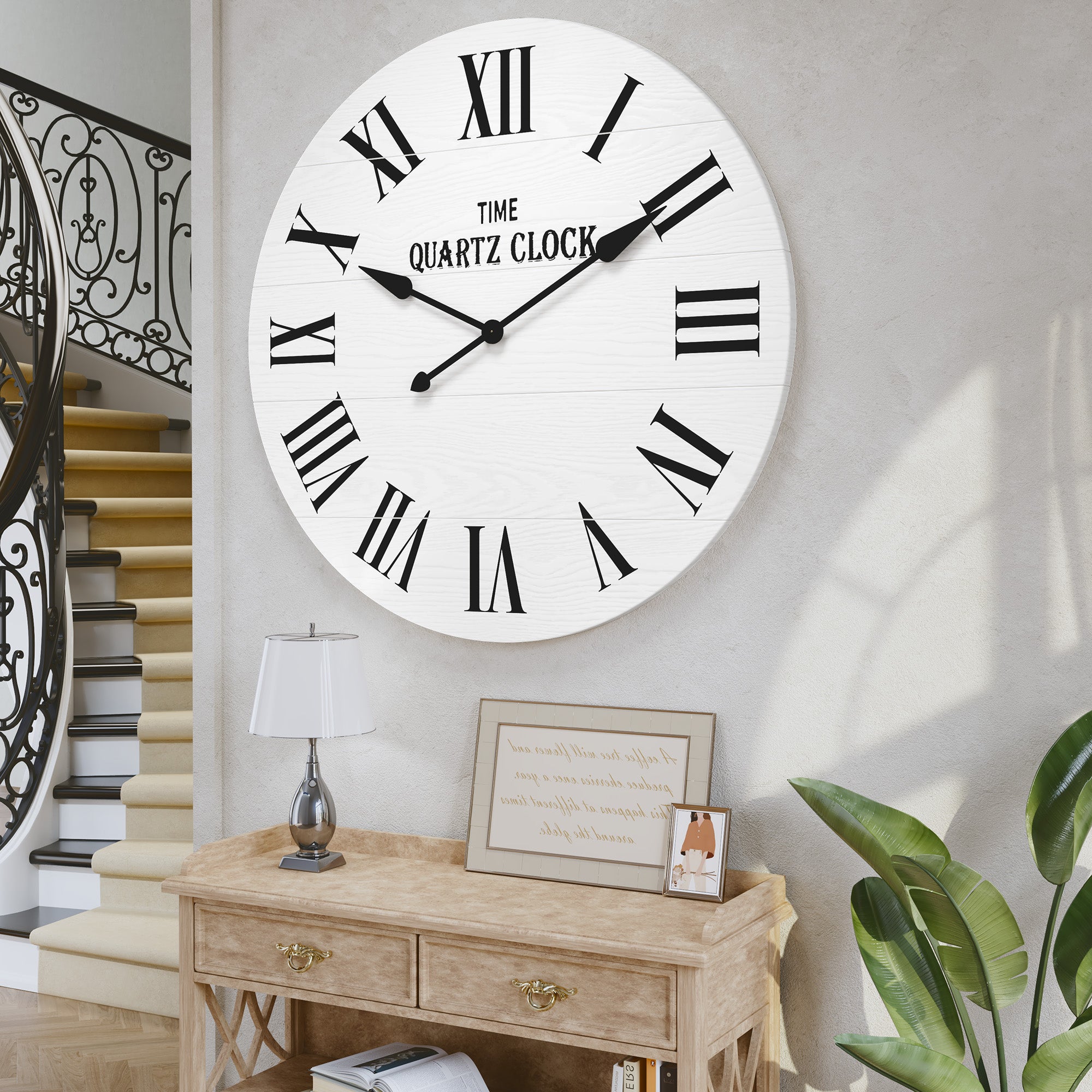 CBJCBJ 35.5” Farmhouse Large Shiplap Round Wall Clock with Roman Numeral for Living Room Decor,White