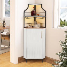 HLR Corner Coffee Bar Cabinet with LED Strip, 4-Tiers Modern Tall Liquor Cabinet with Wine Rack for Dining Room, White