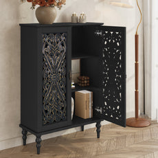 HLR Buffet Cabinet with Storage Accent Sideboard, Modern Hollow 2 Doors Credenza for Dining Room, Black