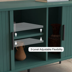 HLR 70" TV Stand for 75" TV, Wood Entertainment Center with Storage and Shelves, 2 Sliding Tambour Doors, Mid-Century Modern, Green
