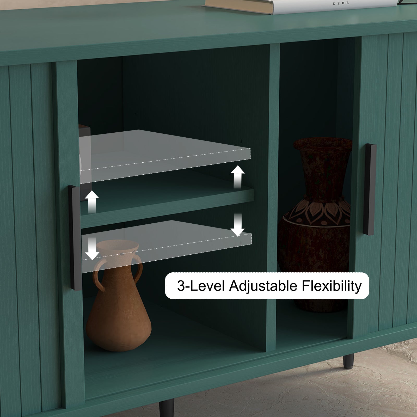 HLR 70" TV Stand for 75" TV, Wood Entertainment Center with Storage and Shelves, 2 Sliding Tambour Doors, Mid-Century Modern, Green