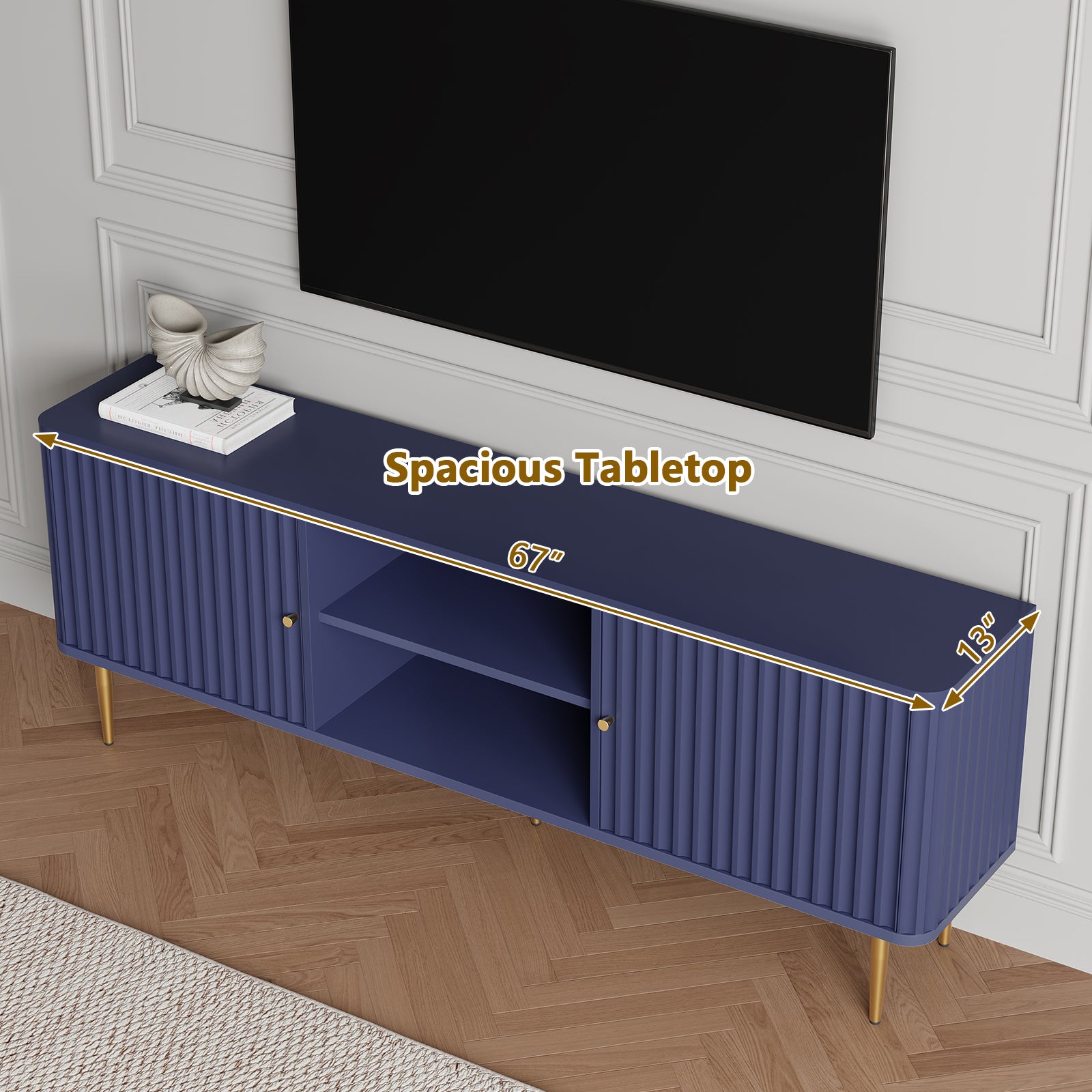 CBJCBJ Modern Fluted 67" TV Stand for 75" TV with Storage, Entertainment Center for Living Room,Blue