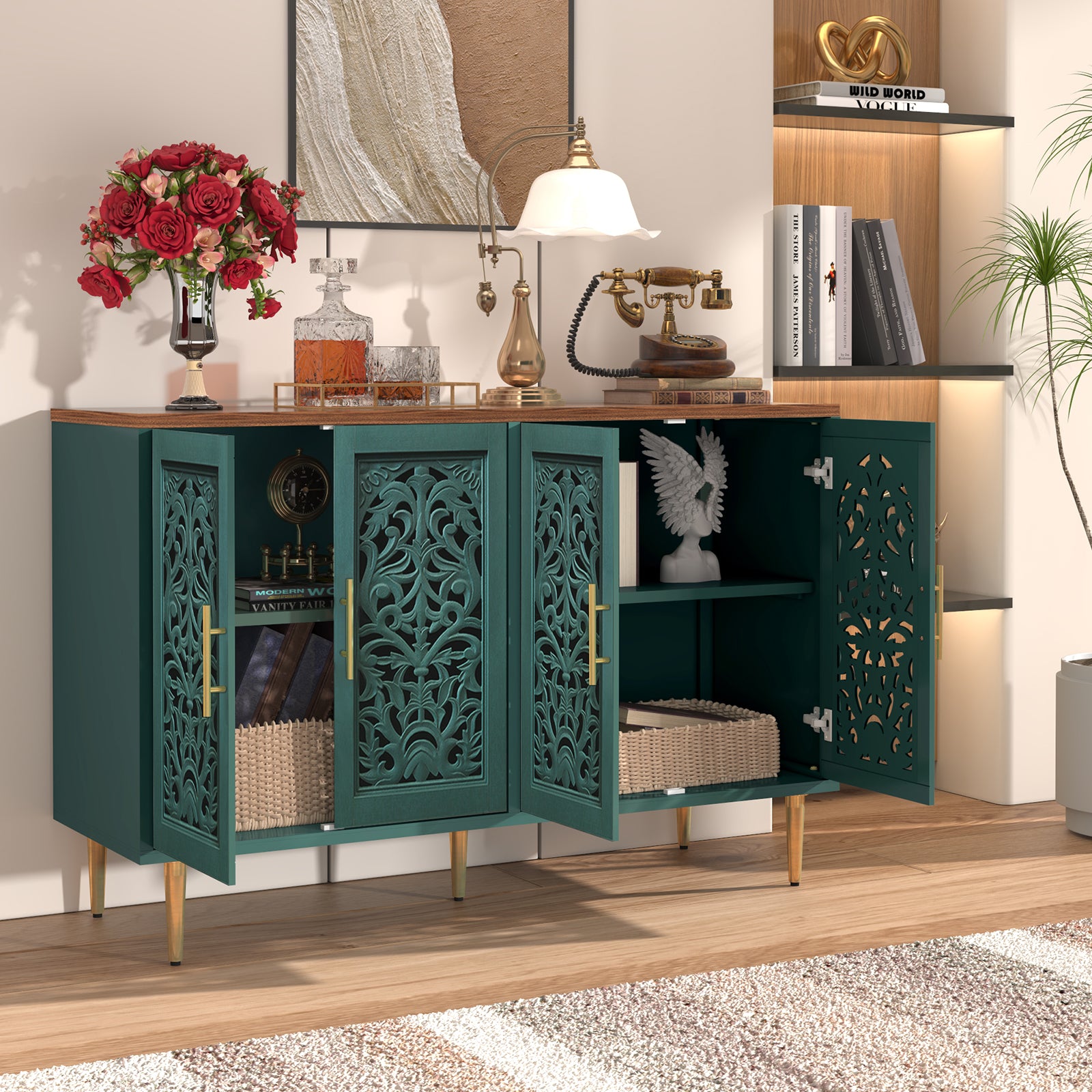 HLR 48" Accent Cabinet with 4 Doors, Vintage Hollow Carving Storage Credenza, Sideboards and Buffets Cabinet for Living Room, Kitchen, Dining Room, Entryway