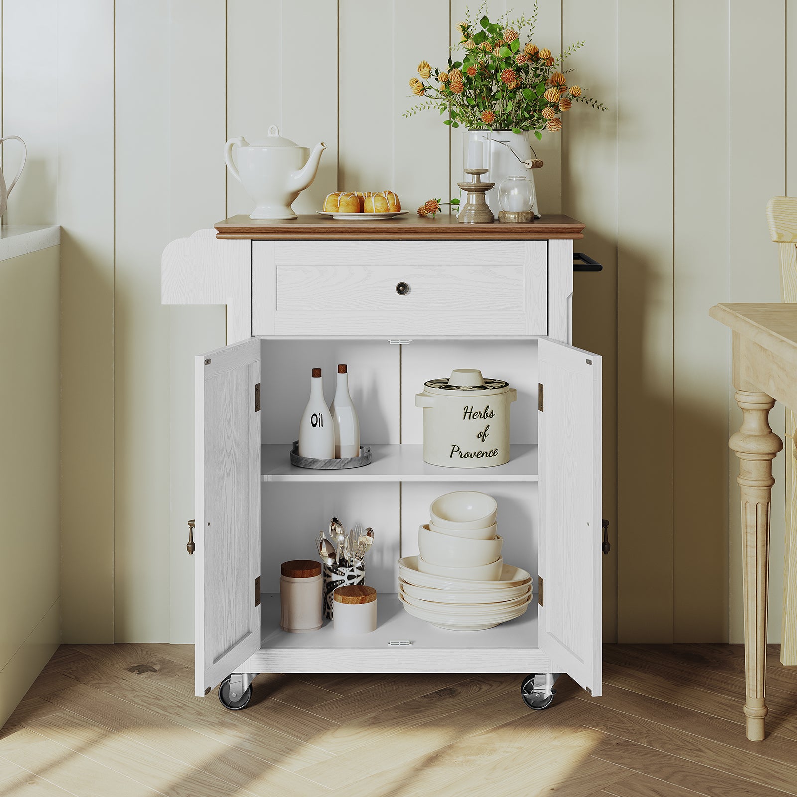 HLR Small Kitchen Islands Table with Storage, Rolling Wood Microwave Cart on Wheels for Dining Room, White
