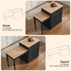 CBJCBJ Modern Extendable Kitchen Islands on Wheels with Power Outlet, Dining Table Cart with 2 Doors Storage, Black
