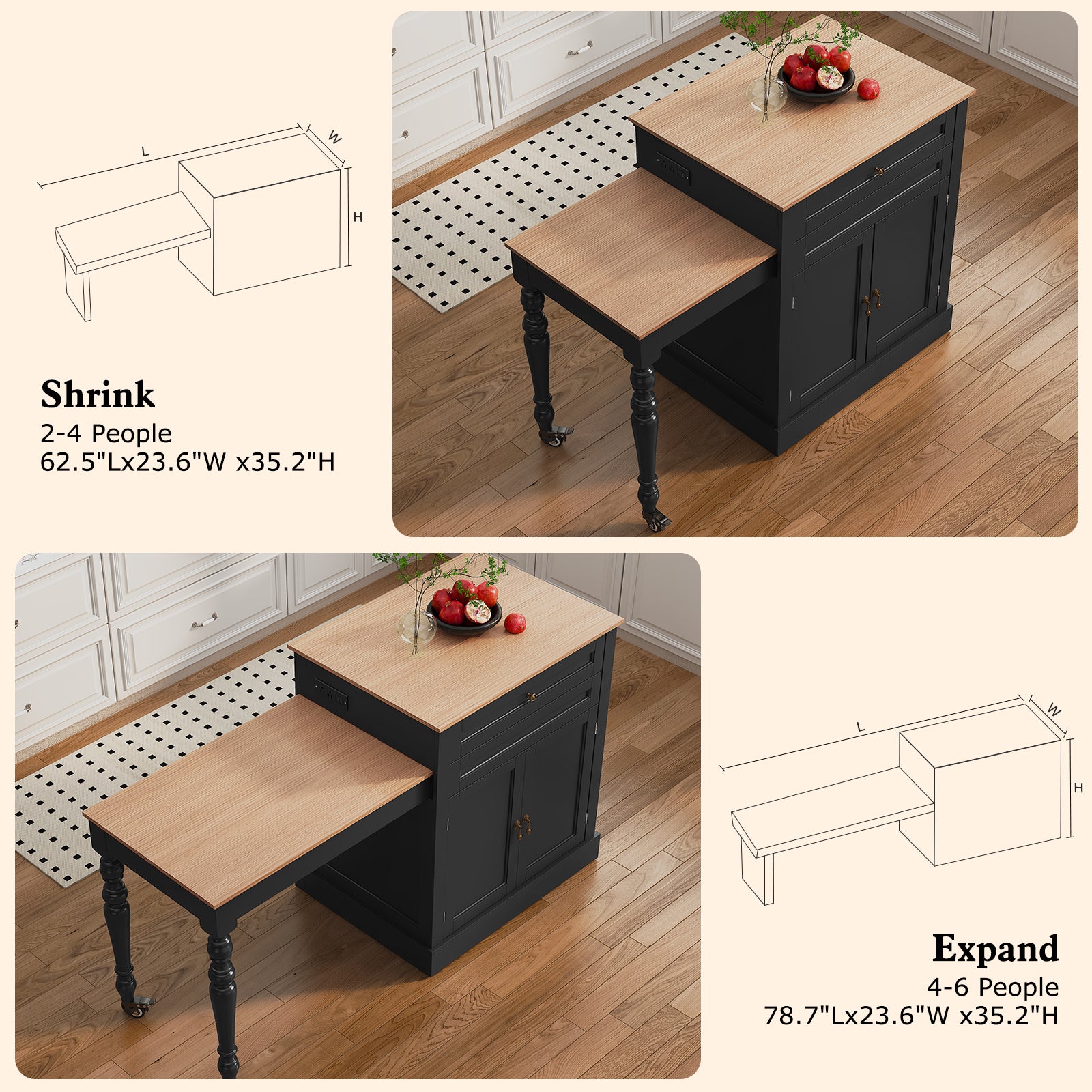 CBJCBJ Modern Extendable Kitchen Islands on Wheels with Power Outlet, Dining Table Cart with 2 Doors Storage, Black