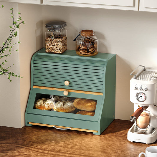 CBJCBJ Natural Bamboo Bread Box with Cutting Board and Roll Top, 2-Tier Large Wood Bread Bin for Kitchen,Green