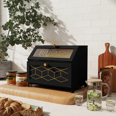 CBJCBJ 15.1" Gold-Trimmed Wooden Bread Box, Double Layer Kitchen Counter Organizer, Vintage Farmhouse Storage,Black
