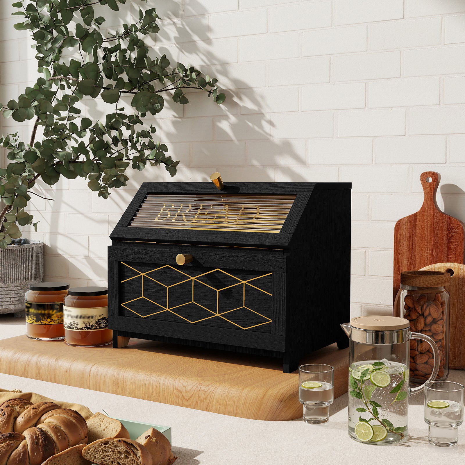 CBJCBJ 15.1" Gold-Trimmed Wooden Bread Box, Double Layer Kitchen Counter Organizer, Vintage Farmhouse Storage,Black