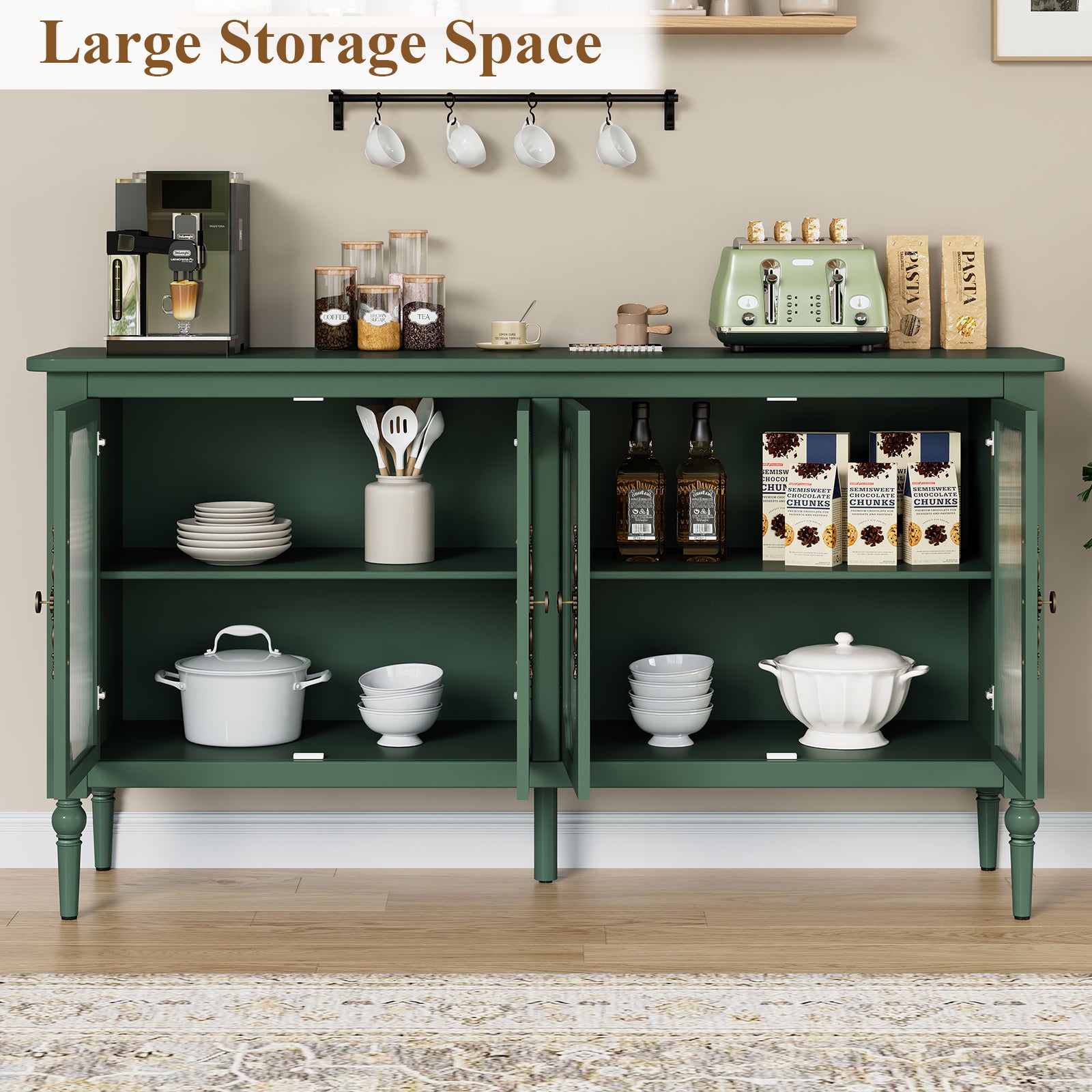 HLR 58'' Large Sideboard Buffet Cabinet with Storage, 4 Glass Modern Credenza Table for Kitchen, Green