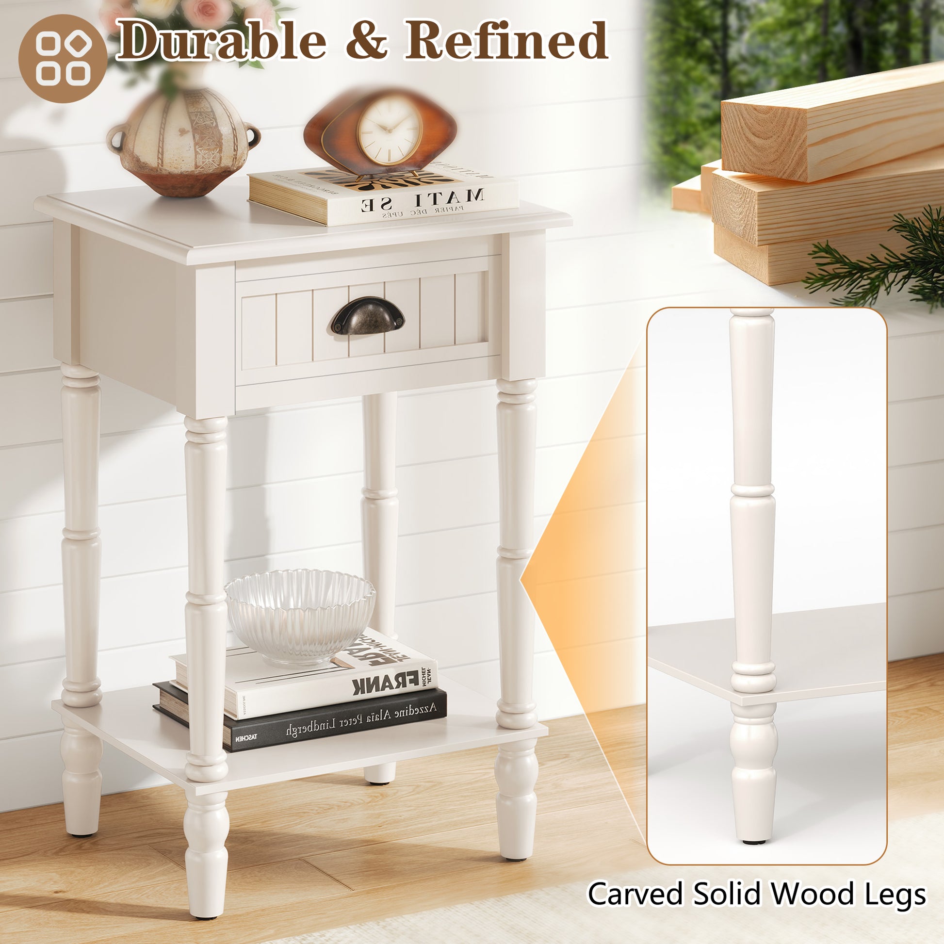 CBJCBJ 26.8"H Retro Nightstands, Side Table with Drawers and Open Shelves, for Bedrooms and Sofas,White