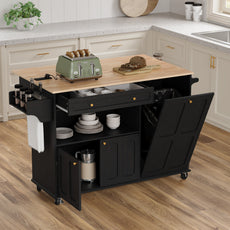 HLR Mid-Century 60" Kitchen Island with Trash Can Storage, Rolling Island Table, Black