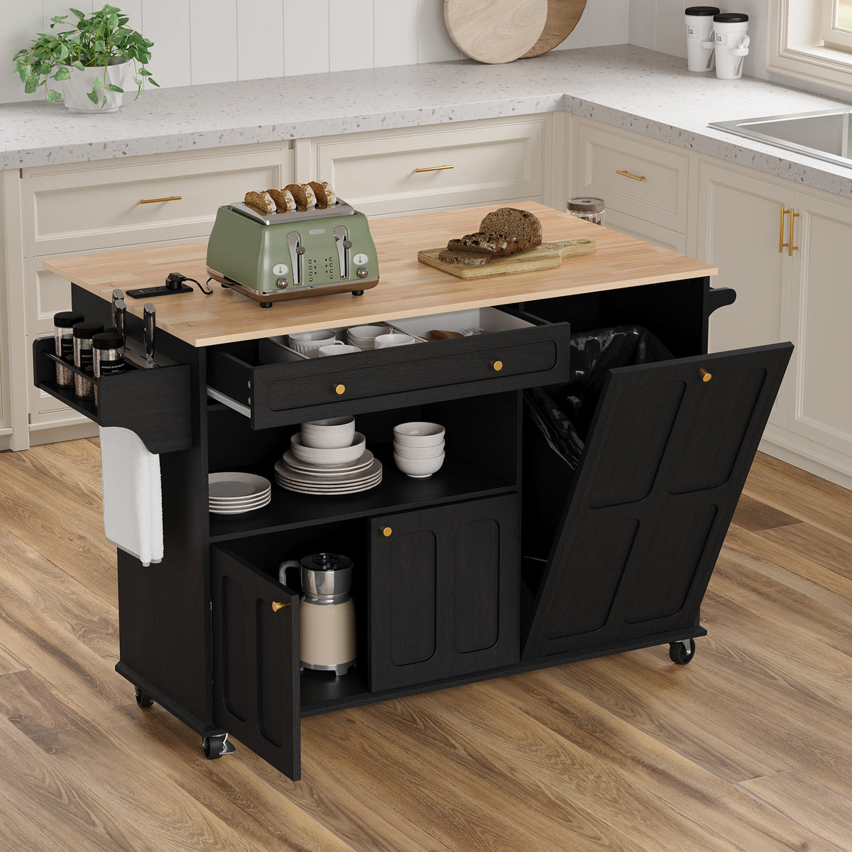 HLR Mid-Century 60" Kitchen Island with Trash Can Storage, Rolling Island Table, Black