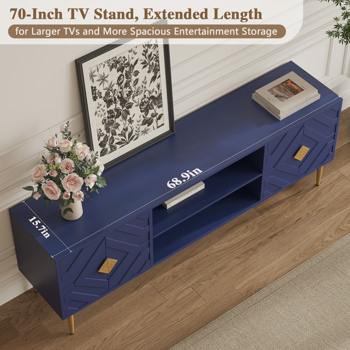 HLR Modern 70" TV Stand, for TVs up to 80", Living Room Entertainment Center with 4 Door Storage Cabinet, Blue