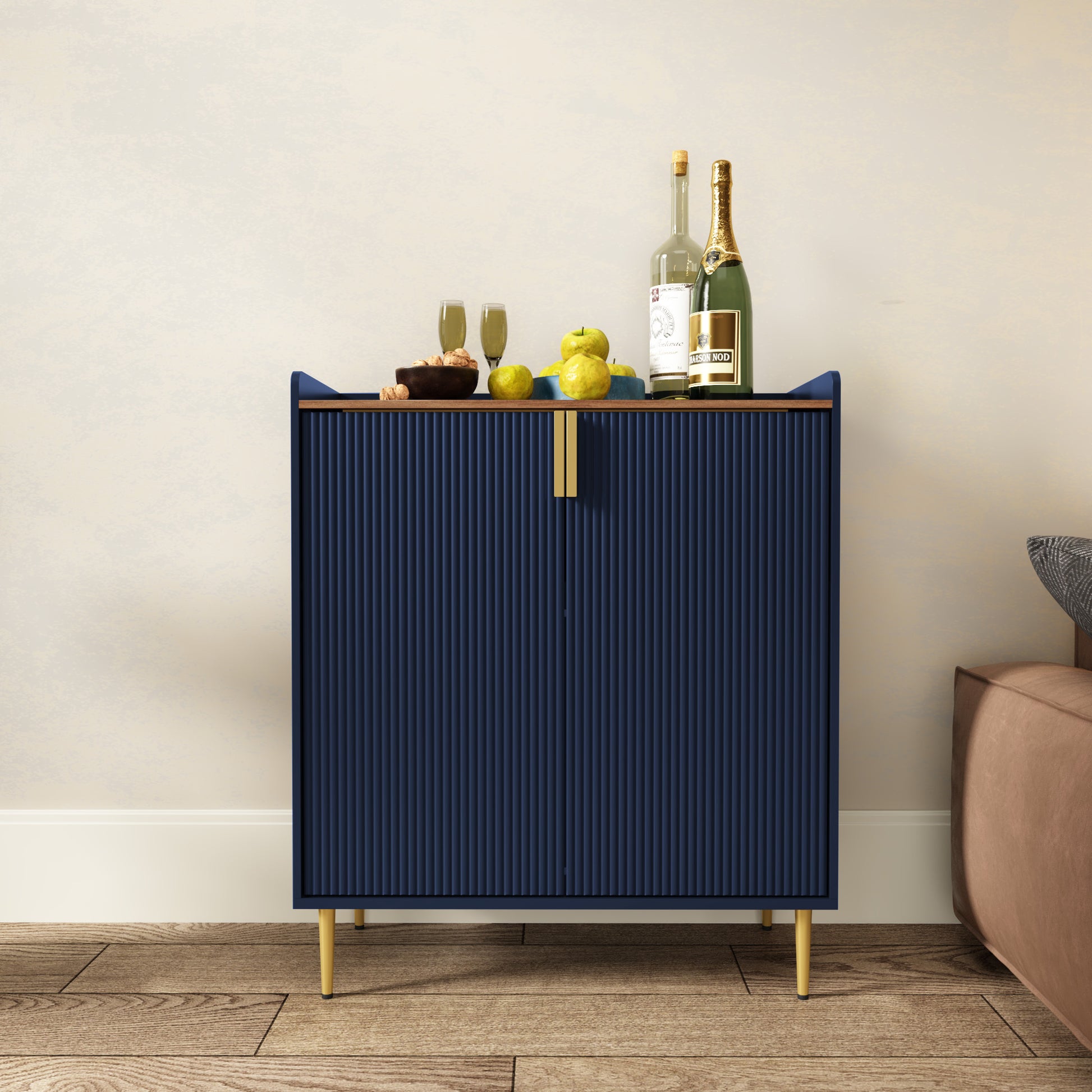 HLR 32"W Wine Bar Cabinet with 2 Door Fluted Texture, Modern Coffee Cabinet with Rack&Glass Holder, Blue