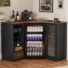 HLR Modern Corner Bar Cabinets with Mini Fridge Space, Wine Glass Rack, Storage Drawers, Black