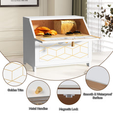 HLR Large Bread Box, Wood 2-layer Bread Box Storage for Kitchen Counter, with Bar Pattern Windows, White