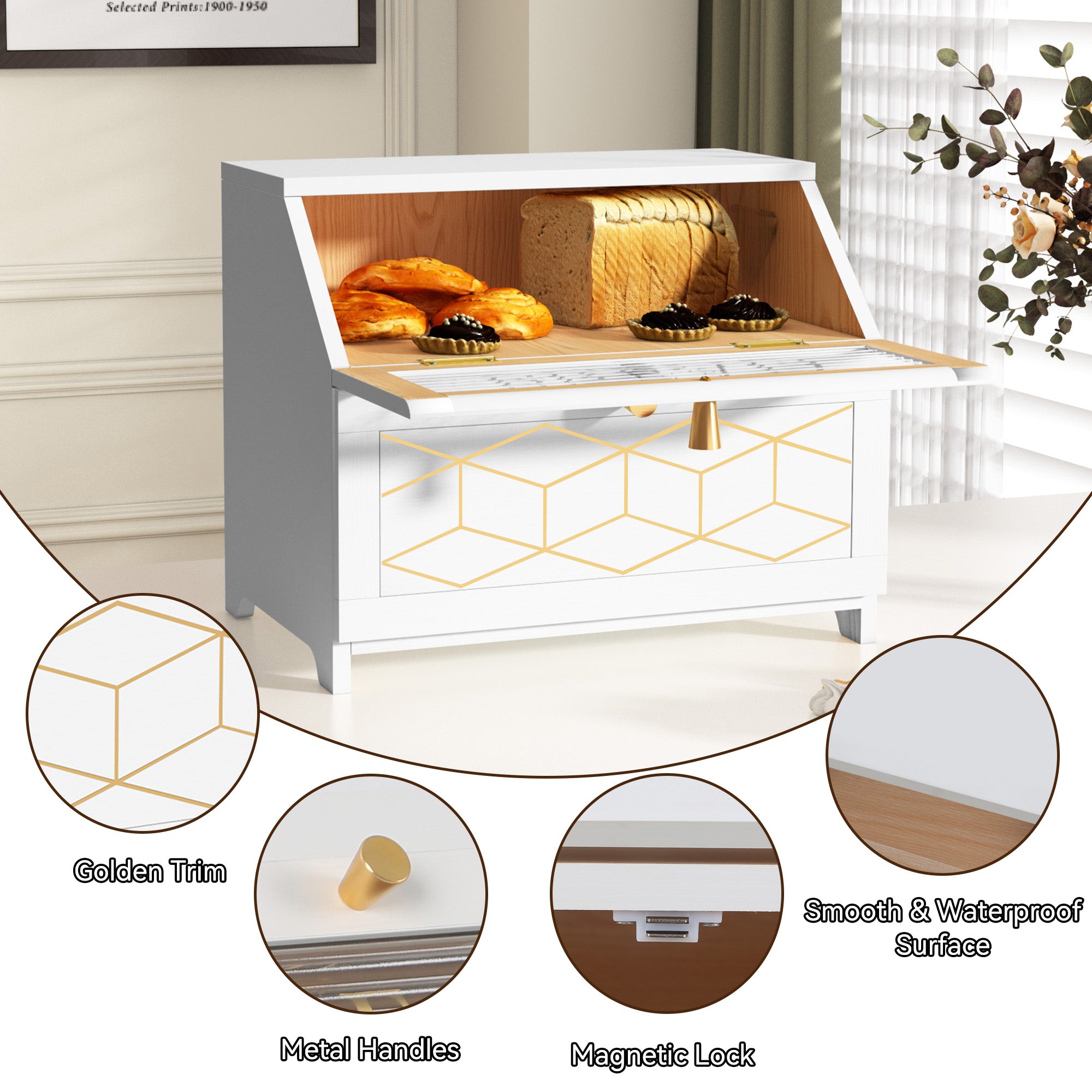 HLR Large Bread Box, Wood 2-layer Bread Box Storage for Kitchen Counter, with Bar Pattern Windows, White