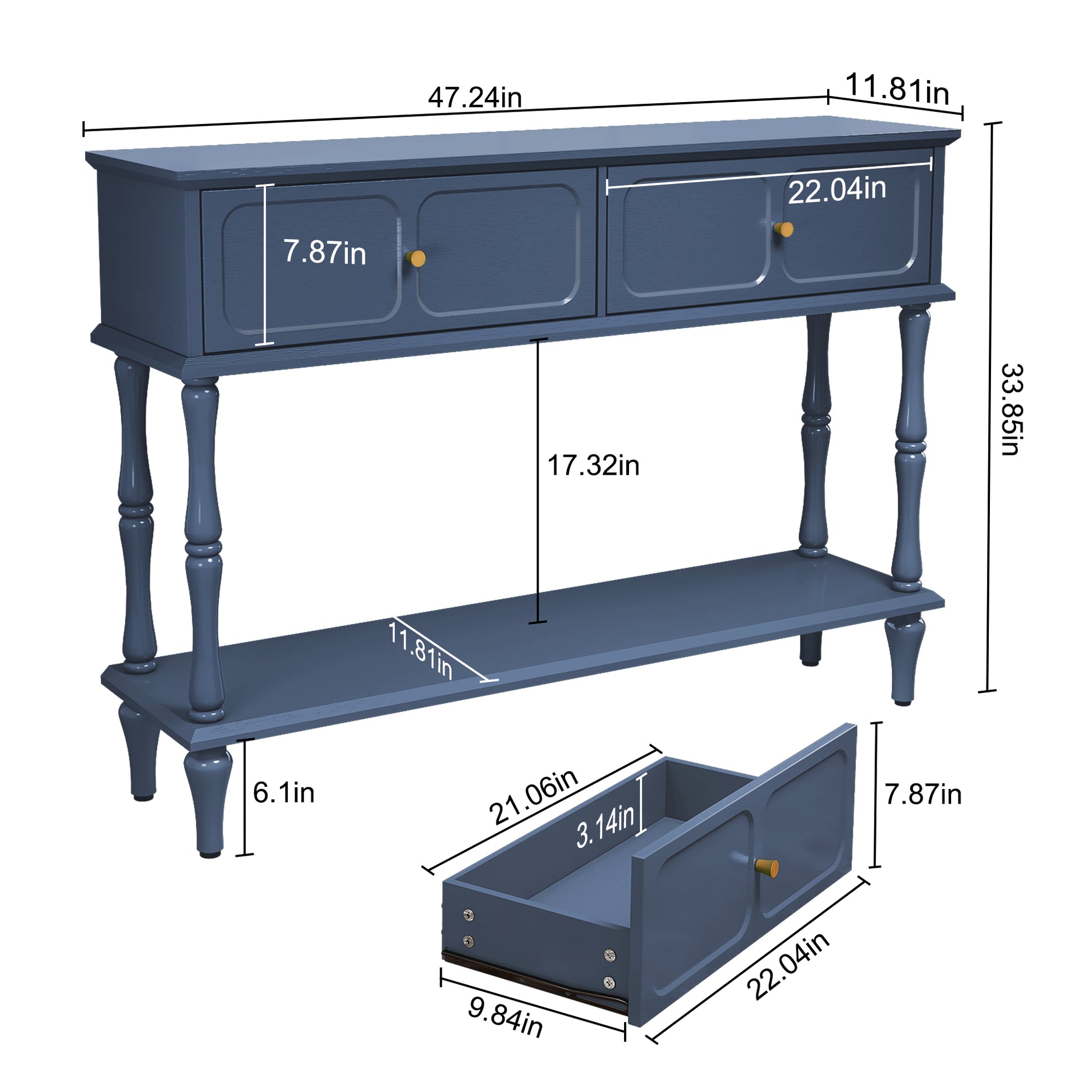 HLR 47" Mid Century Console Table, Aged Finish Entryway Table with Storage Shelf for Hallway, Blue