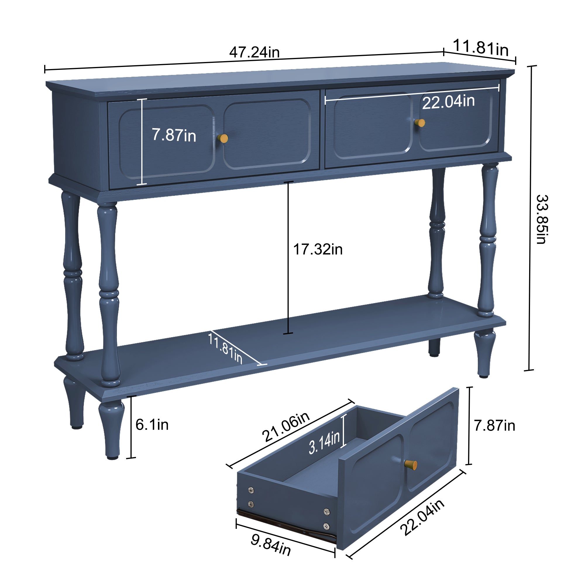 HLR 47" Mid Century Console Table, Aged Finish Entryway Table with Storage Shelf for Hallway, Blue