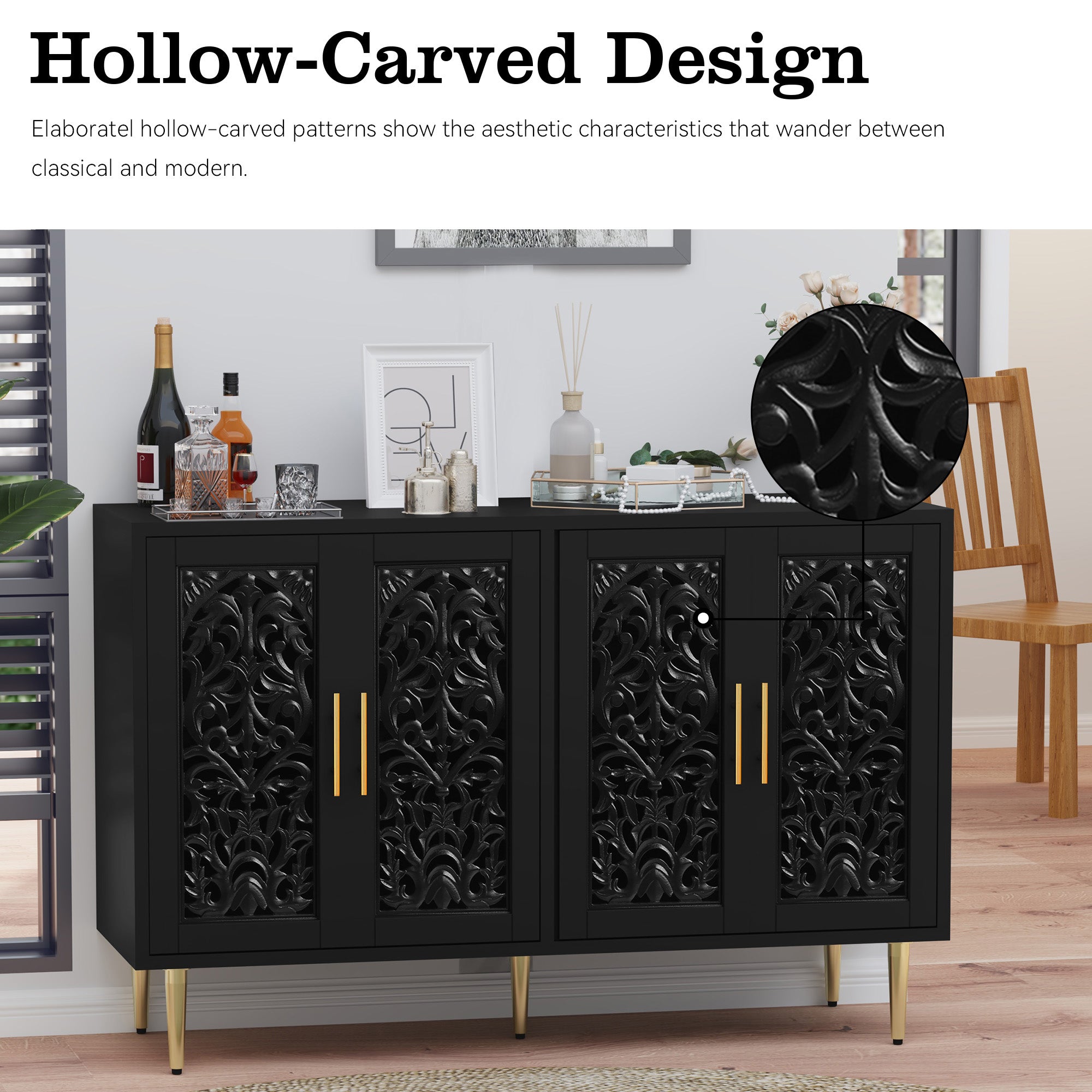 HLR 48" Accent Cabinet with 4 Doors, Vintage Hollow Carving Storage Credenza, Sideboards and Buffets Cabinet for Living Room, Kitchen, Dining Room, Entryway,Black