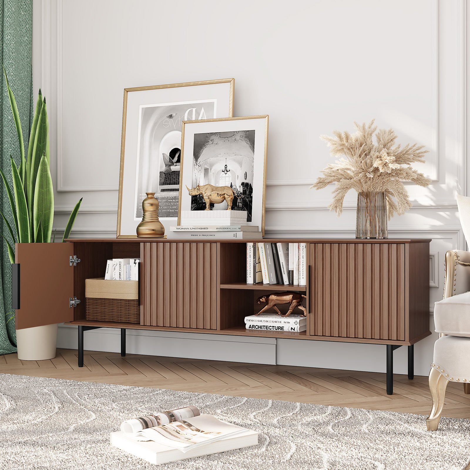 HLR Mid Century Fluted 66" TV up to 75" Stand with Storage, Modern Wooden Entertainment Center Console for Living Room, Brown