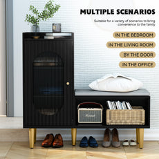 CBJCBJ Modern Storage Bench with Glass Door & Shelf - L-Shaped Entryway Cabinet, Padded Seat for Hallway/Bedroom/Office, Black