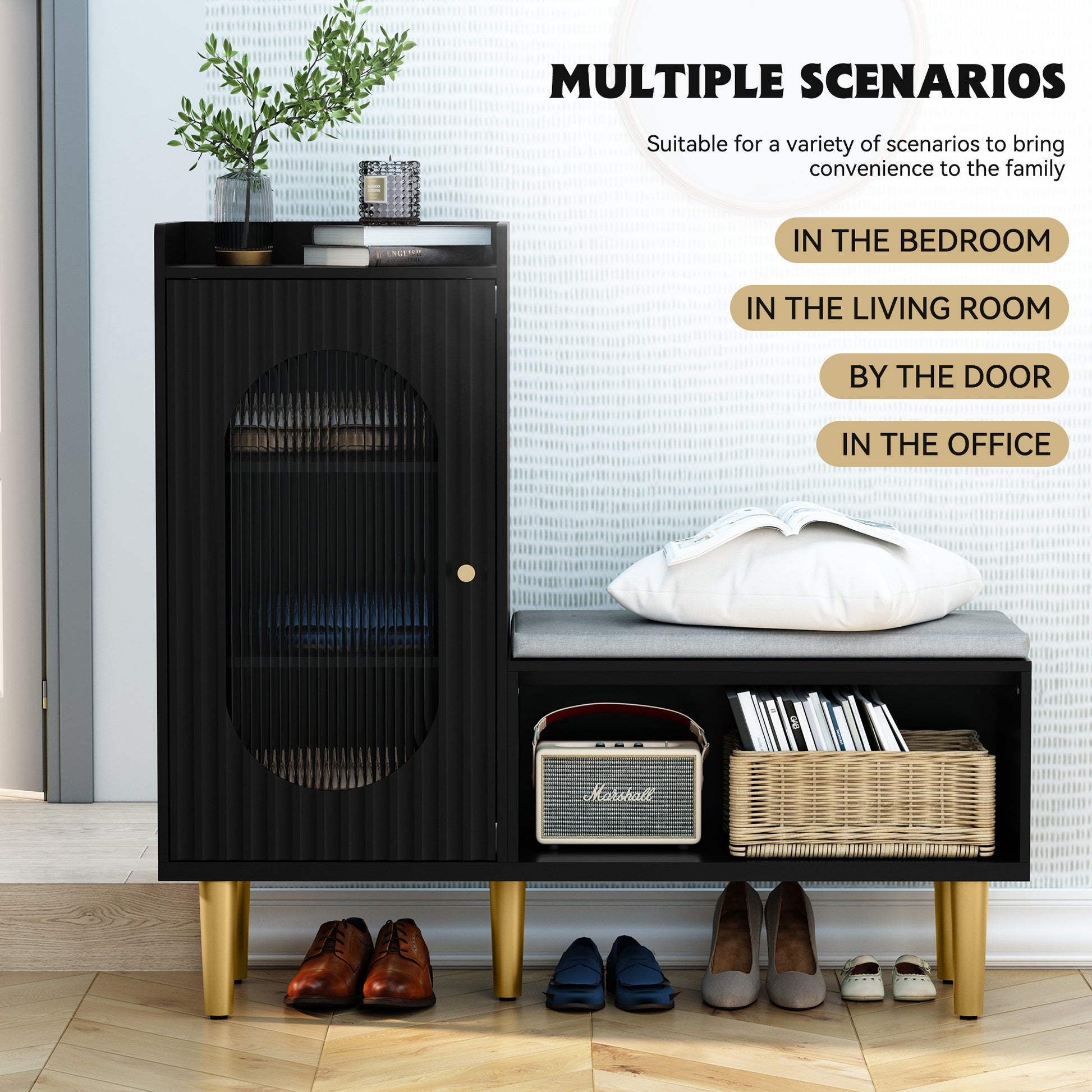 CBJCBJ Modern Storage Bench with Glass Door & Shelf - L-Shaped Entryway Cabinet, Padded Seat for Hallway/Bedroom/Office, Black
