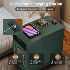 CBJCBJ Retro Carved End Table with Socket, Side Table with Open Compartment and Storage Cabinet, Bedside Table for Bedroom,Green