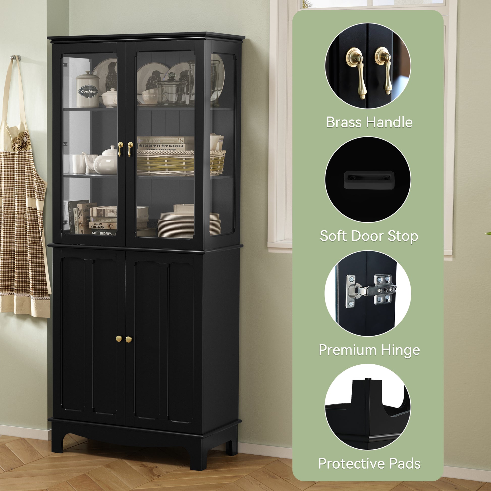 HLR 72" Modern Black Cupboard with Adjustable Shelves, Elegant Storage Cabinet