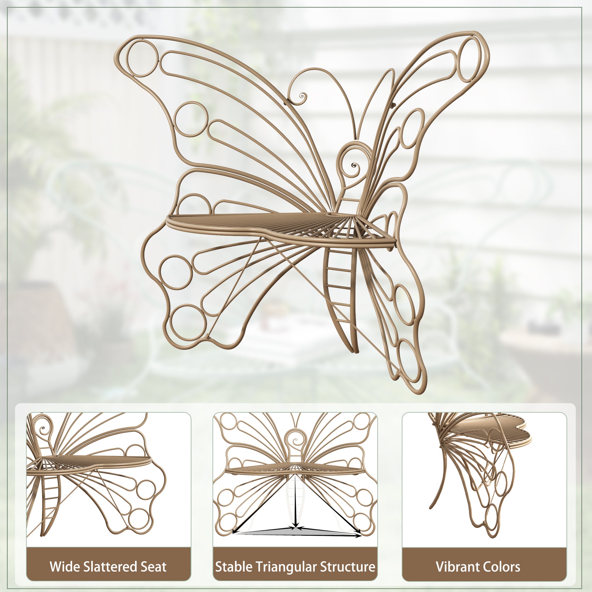 CBJCBJ 50" Weatherproof Outdoor Patio Bench，Metal Butterfly Design for Garden and Lawn Porch， Teak