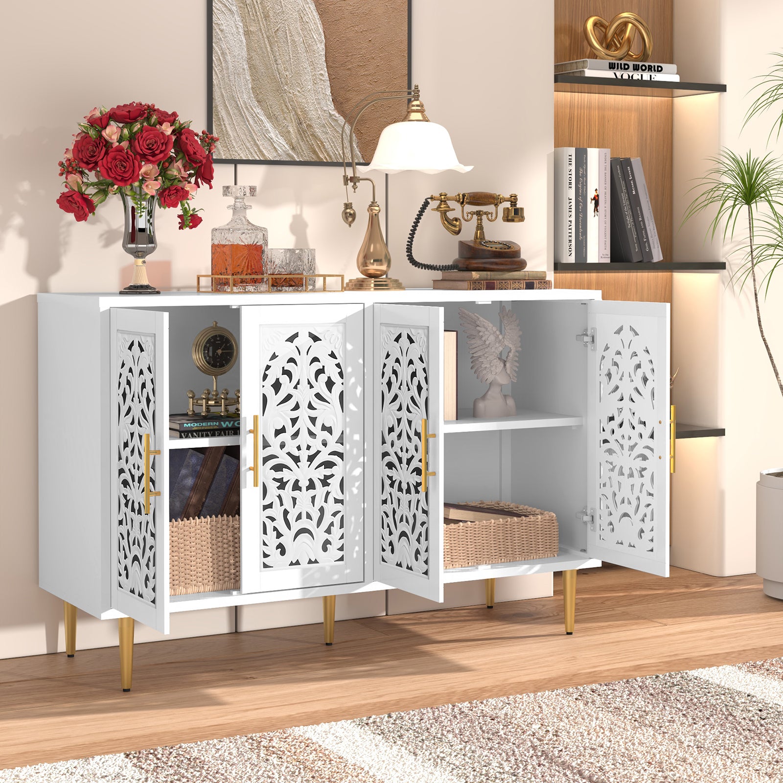 CBJCBJ 48″ Retro Storage Cabinet with 4 Doors, Hollow Carved Buffet Hutch for Living Room, Kitchen, Dining & Entryway, Vintage Decorative Organizer (WHITE)
