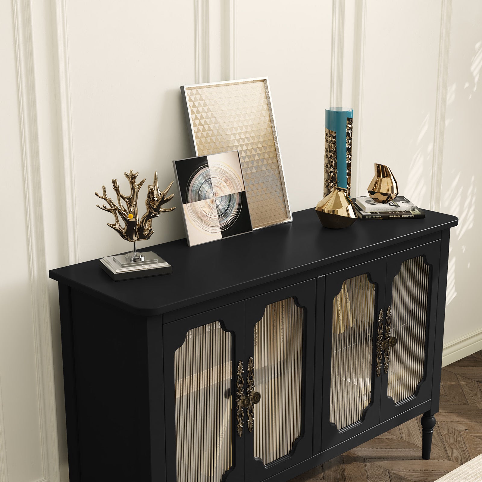 CBJCBJ Retro 47'' Wood Sideboard Buffet Cabinet,Storage Cabinet with Glass Doors for Living Dining & Bedroom (Black)