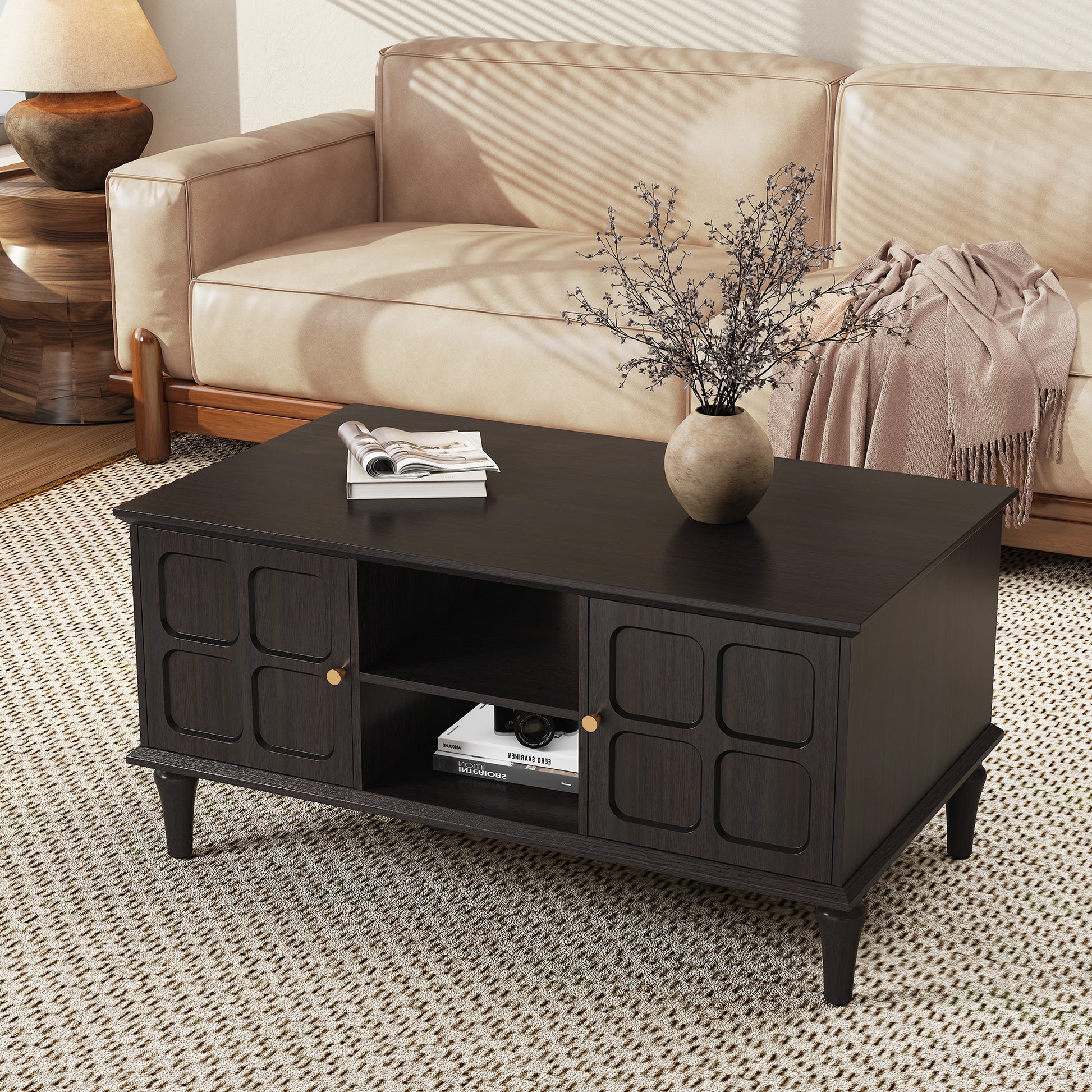 HLR 39.4" Mid Century Coffee Table with Storage, Wood Center Table with Open Shelves for Living Room, Black