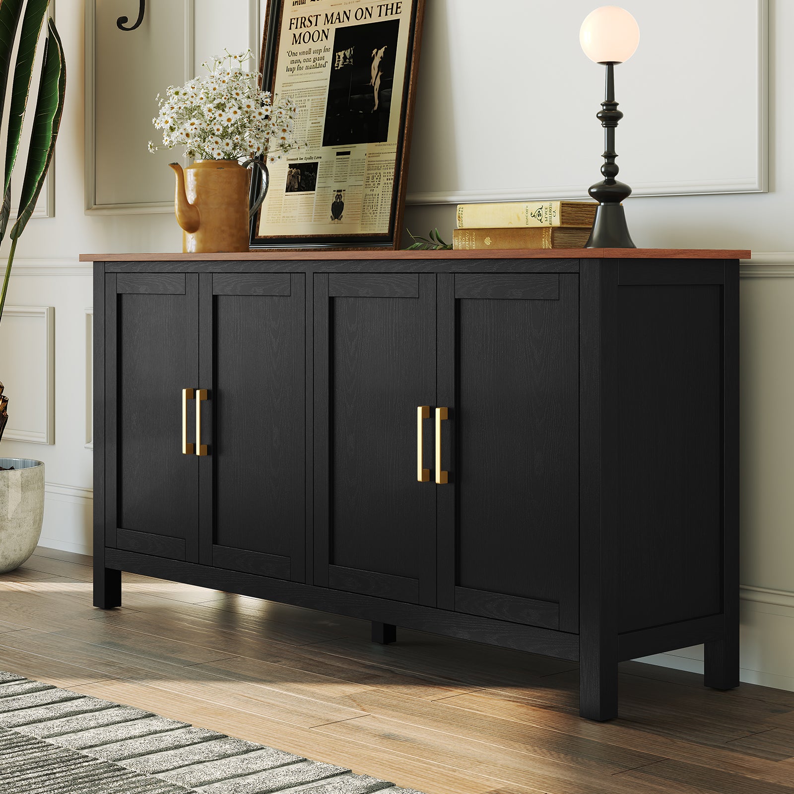HLR Large Sideboard Buffet Cabinet with Storage, 59.4" Modern Coffee Bar Cabinet for Dining Room, Black