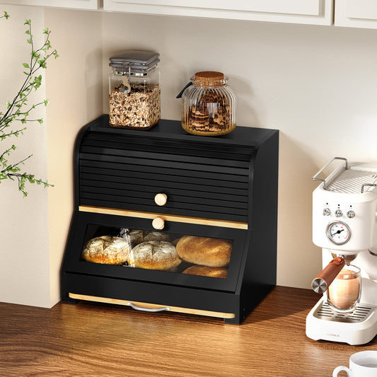 CBJCBJ Natural Bamboo Bread Box with Cutting Board and Roll Top, 2-Tier Large Wood Bread Bin for Kitchen,Black