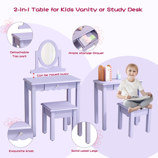 CBJCBJ Kids Vanity Set with Mirror and Stool（Detachable Top）, Wooden 2 in 1 Princess Makeup Desk Dressing Table,Purple