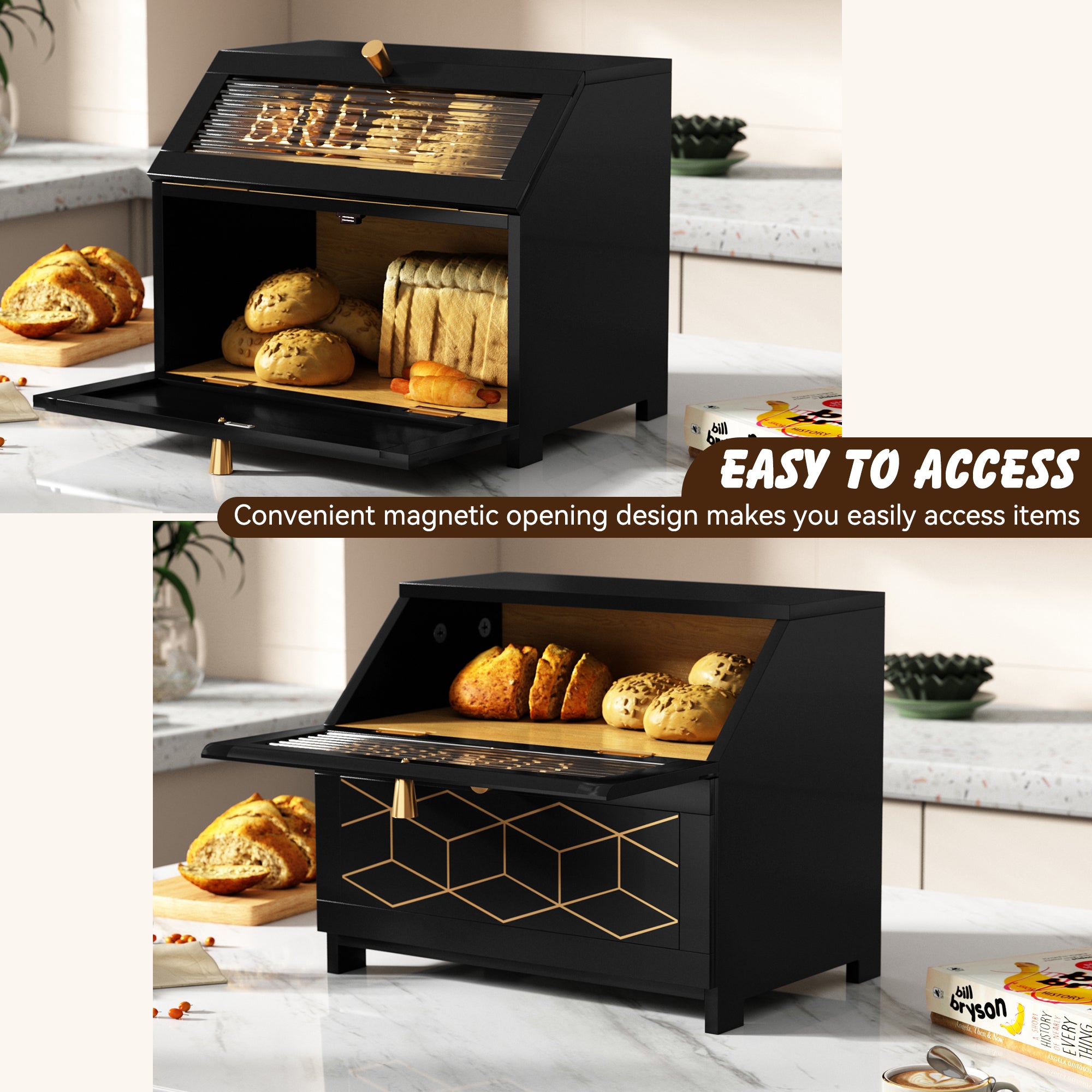 HLR Large Bread Box, Wood 2-layer Bread Box Storage for Kitchen Counter, with Bar Pattern Windows, Black