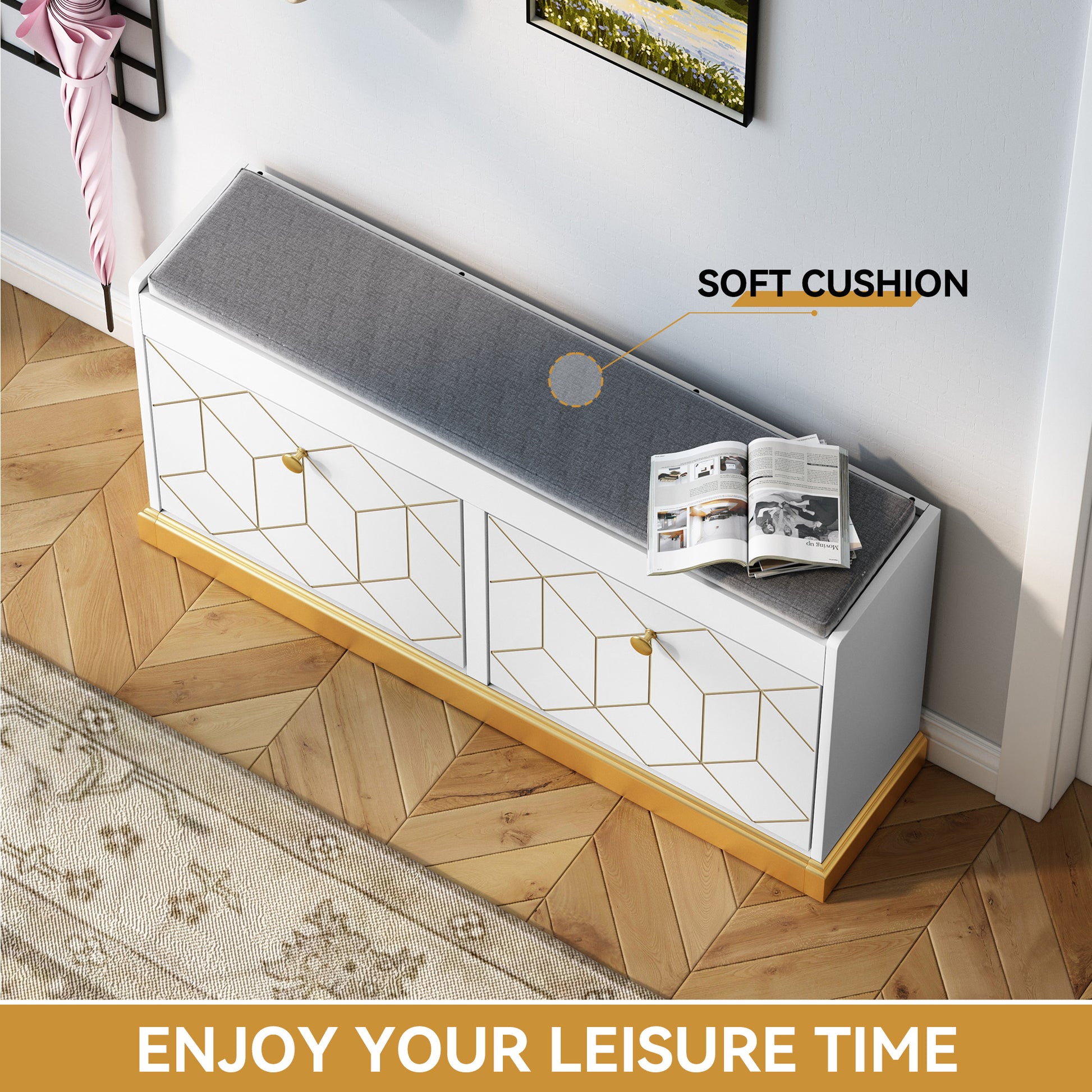 CBJCBJ 39"W Multifunction Suitable Shoe Bench with Soft Cushion and 2 Drawers for Entryway, White