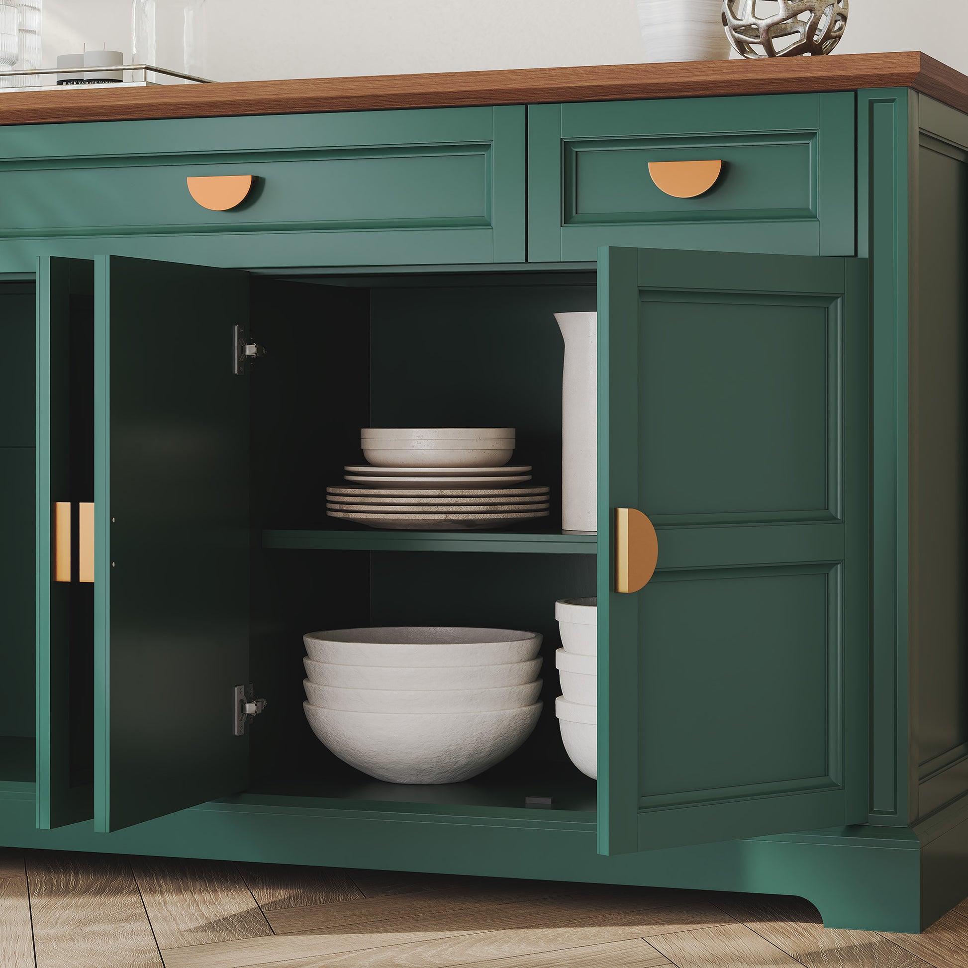 CBJCBJ Modern 60" Large Sideboard Storage Cabinet with Drawers, Farmhouse Wooden Coffee Bar, Green
