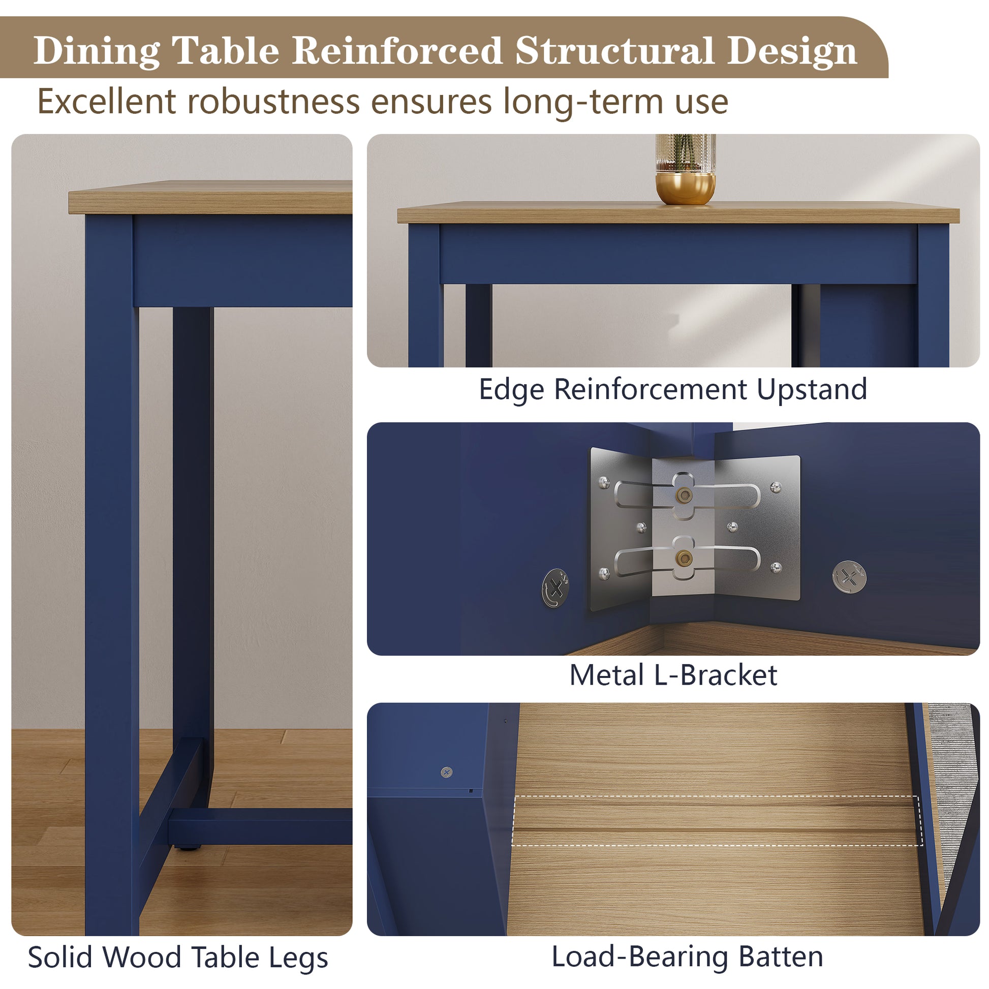 HLR Farmhouse Dining Table Set for 2, Small Kitchen Table Chairs Set of 2 with Tufted for Apartment, Blue