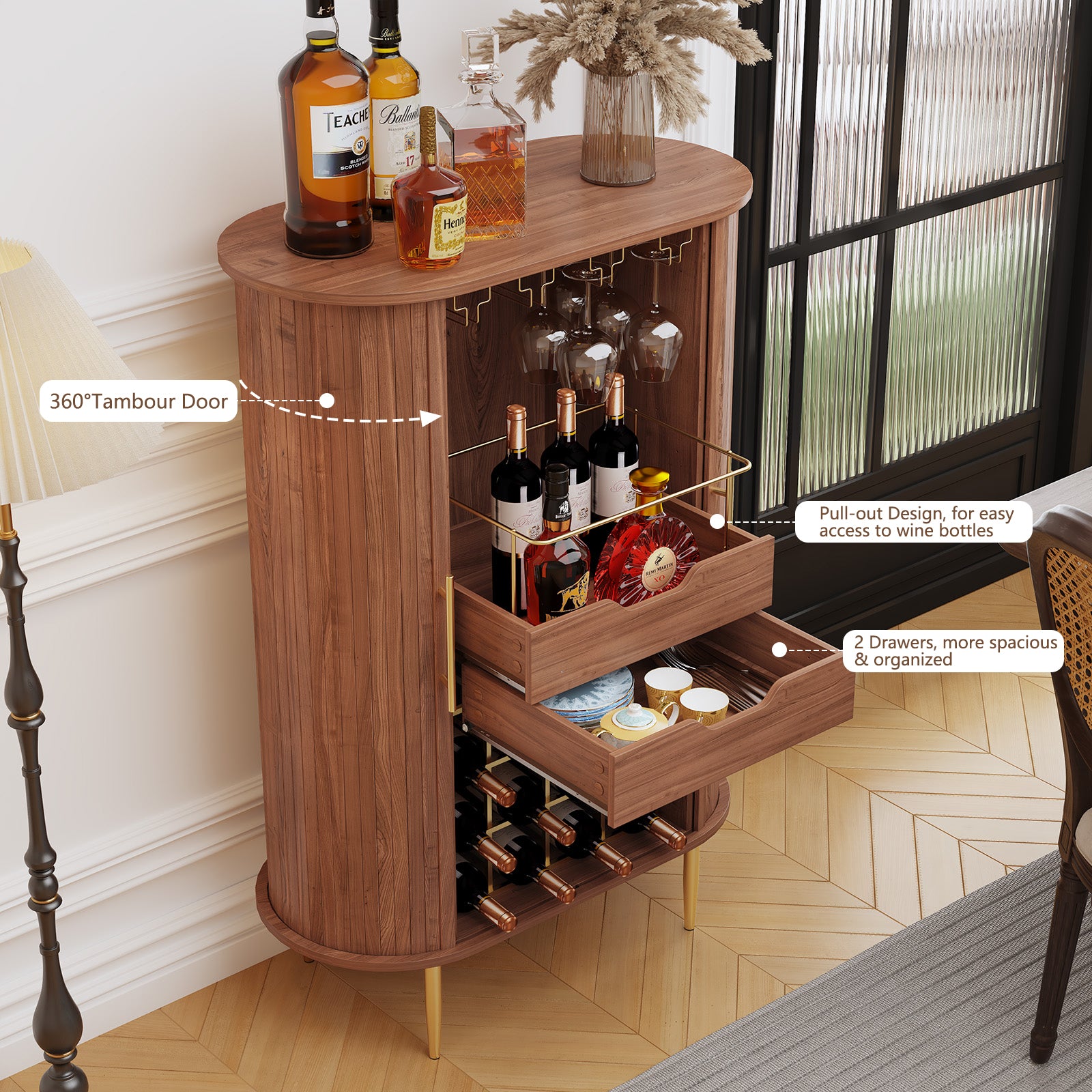 CBJCBJ Bar Cabinet with Tambour Door, Wood Liquor Cabinet with 16 Wine Racks and Adjustable Shelves, Brown