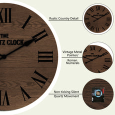 HLR 35.5” Farmhouse Large Shiplap Round Wall Clock with Roman Numeral for Living Room Decor, Brown