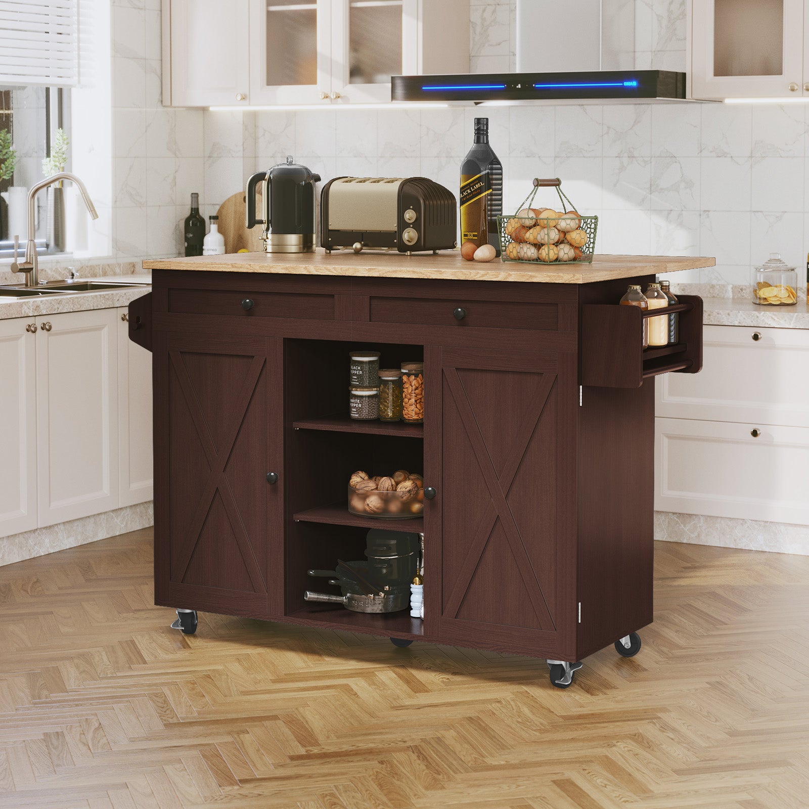 CBJCBJ 51.7" Rolling Kitchen Island Foldable, Adjustable Shelf & 2 Storage Doors - Mobile Kitchen Cart, Breakfast Bar with Storage (Brown)